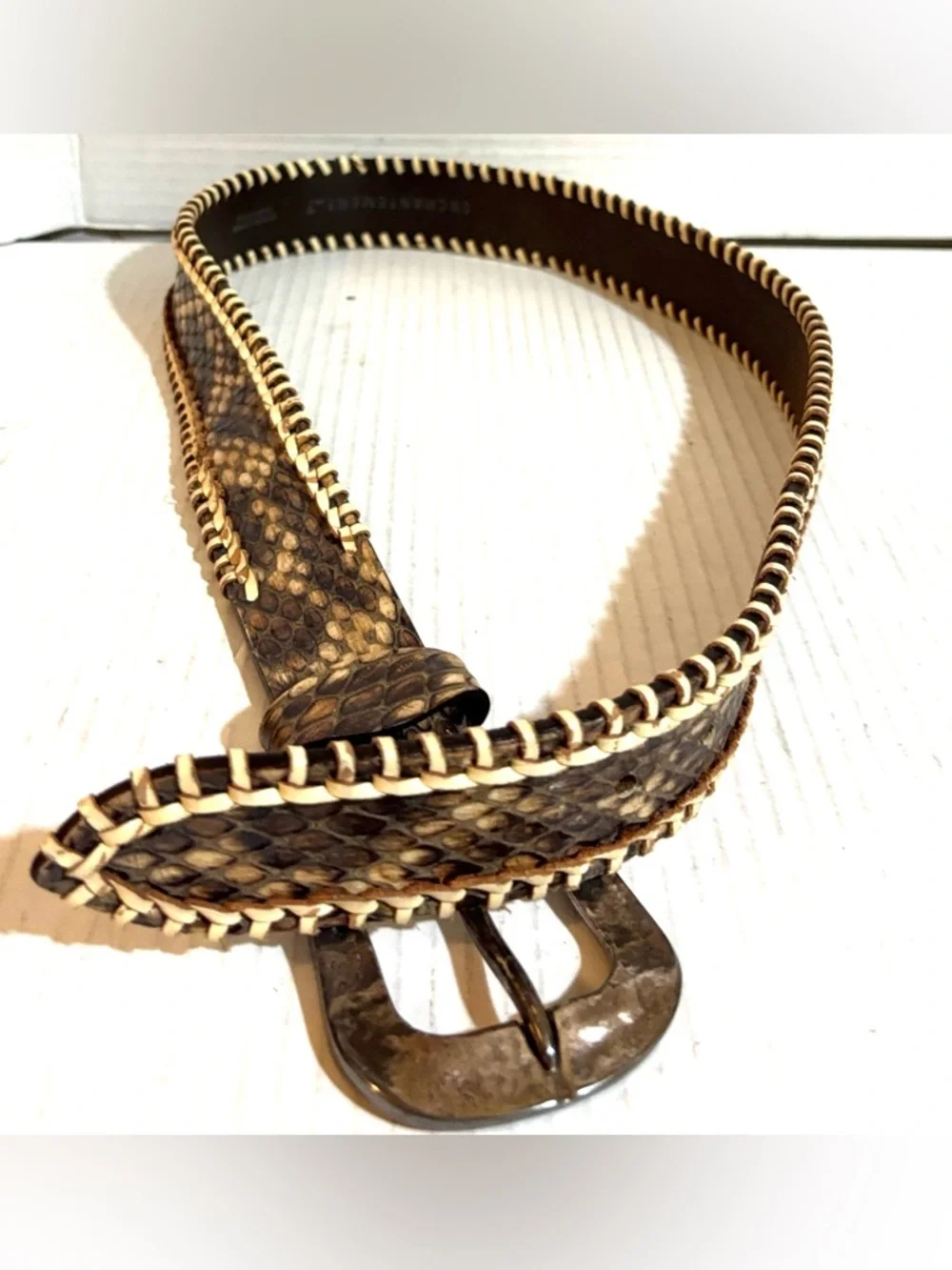Men's unisex Brown snake skin leather Leather Belt with Contrast Stitching